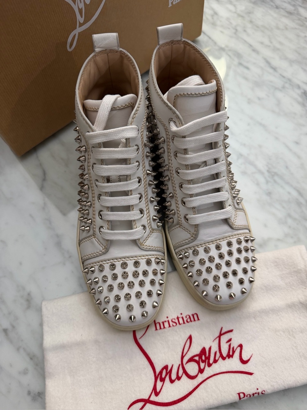 Christian louboutin Louis studded white silver with box spike sneakers 37.5 - Picture 4 of 11